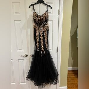 Camille La Vie Black and Gold Sequin Prom Dress